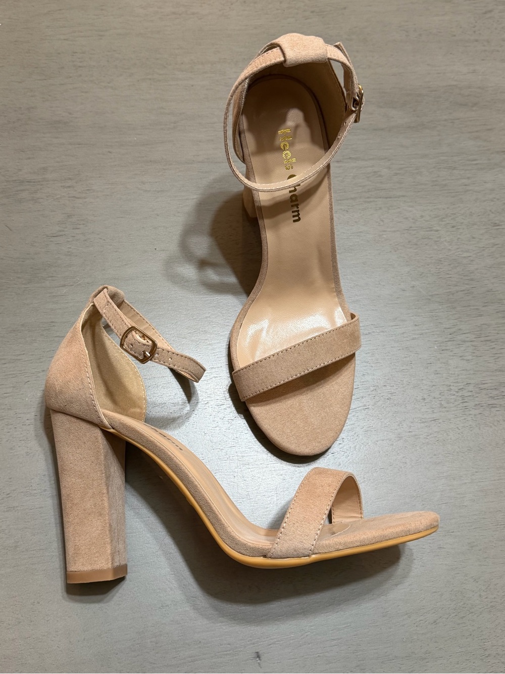 Nude Suede Ankle-Strap Block Heels
